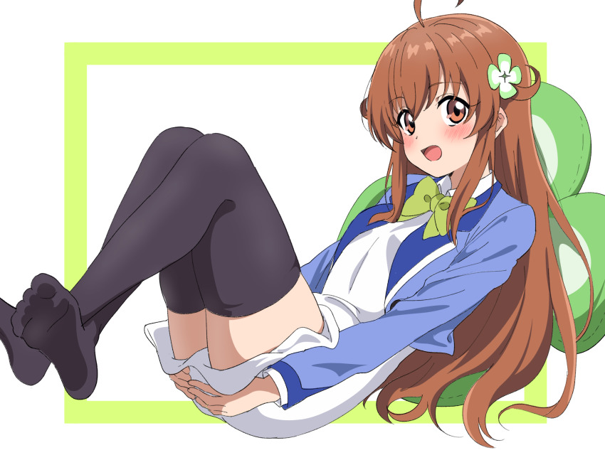 1girl, ahoge, amamiya_mimori, black_thighhighs, blush, bow, bowtie, feet, feet_out_of_frame, green_eyes, hair_ornament, highres, long_hair, long_sleeves, looking_at_viewer, no_shoes, open_mouth, red_eyes, red_hair, shadowverse, shadowverse_(anime), sincos, skirt, soles, solo, thighhighs, toes, white_skirt