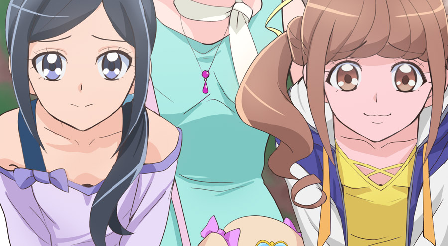 3girls, black_hair, blue_eyes, blue_scrunchie, brown_hair, closed_mouth, collarbone, fuurin_asumi