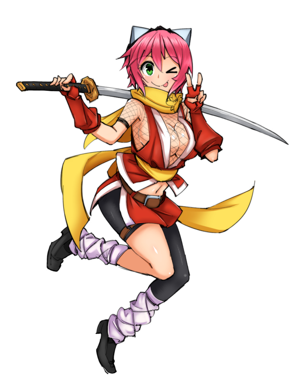 >_o, 1girl, ;p, artist_collaboration, asortofcolorfag, asymmetrical_clothes, black_shoes, breasts, cleavage, colorized, commentary, english_commentary, fingerless_gloves, fishnet_top, fishnets, full_body, ge-b, gloves, goggles, goggles_on_head, gouma_reifuden_izuna, green_eyes, highres, holding, holding_sword, holding_weapon, izuna_(gouma_reifuden_izuna), katana, large_breasts, leg_warmers, loafers, navel, ninja, no_bra, one_eye_closed, pink_hair, red_gloves, sash, scarf, shoes, sideboob, single_pantsleg, sleeveless, solo, sword, tongue, tongue_out, v, weapon, white_background, yellow_sash, yellow_scarf