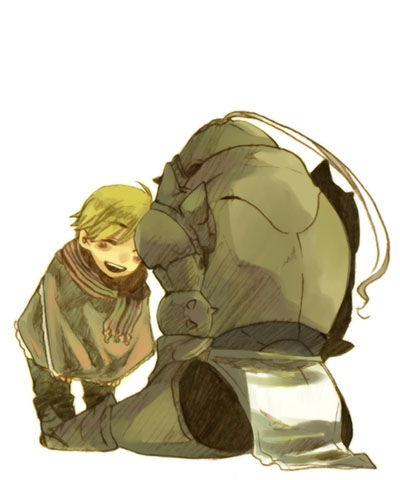 1boy, ^_^, aged_down, alphonse_elric, apron, armor, black_pants, blonde_hair