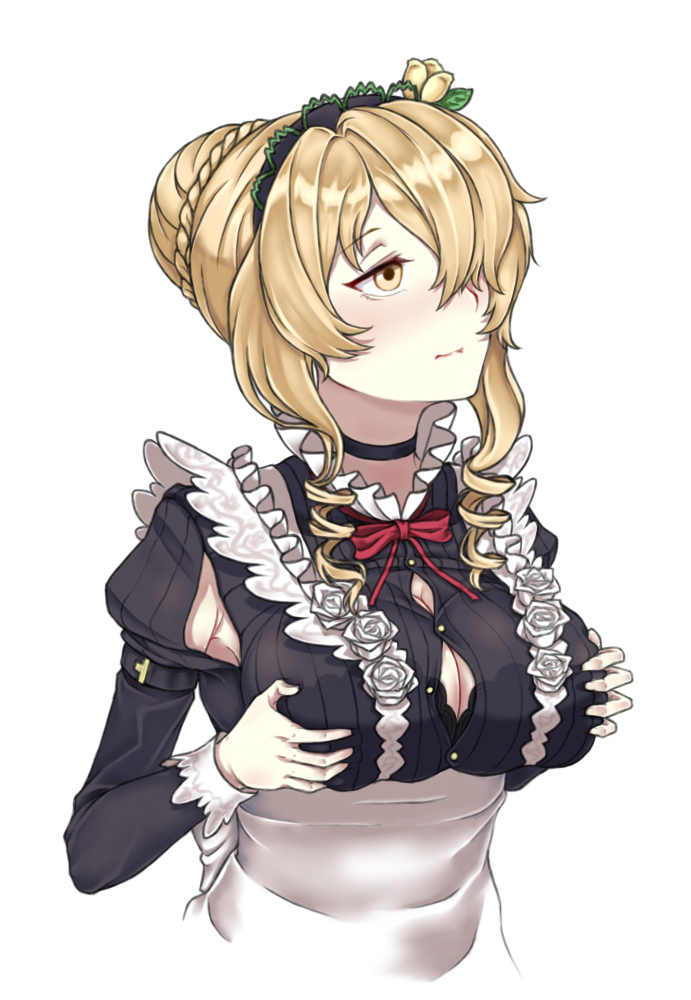 1girl, apron, black_bra, black_choker, blonde_hair, bra, bra_peek, breasts