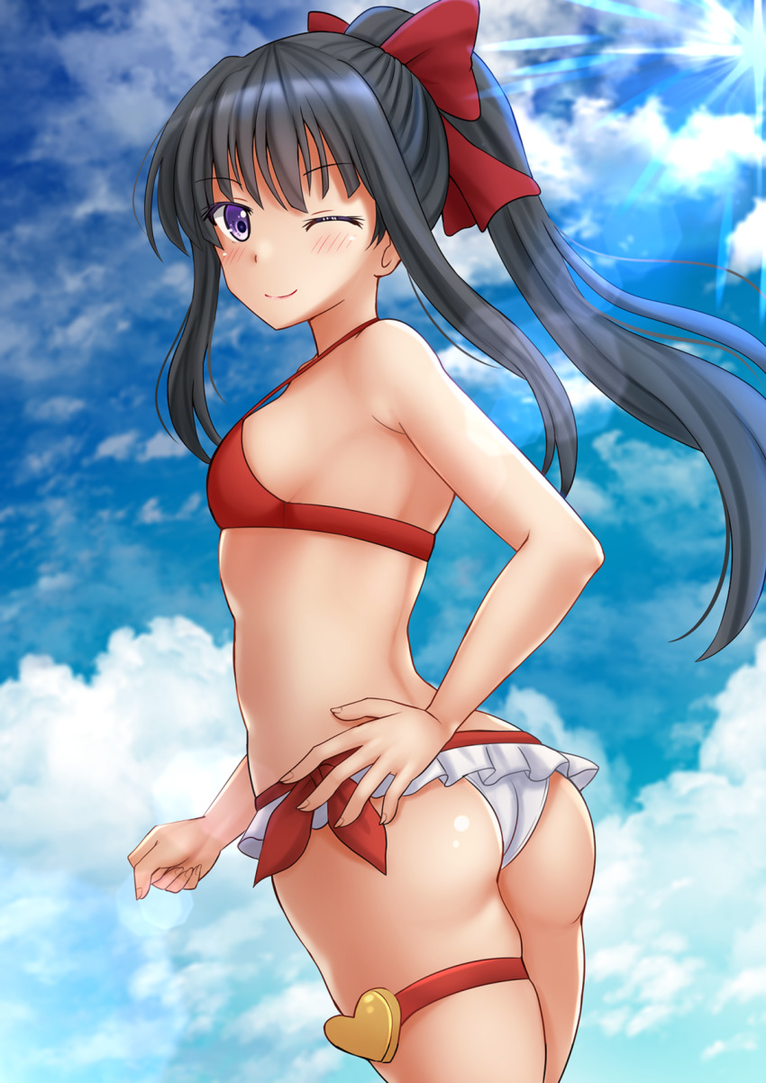 1girl, ;), ass, bare_arms, bare_shoulders, bikini, black_hair, blue_sky, blush, bow, breasts, closed_mouth, cloud, cloudy_sky, commentary, day, hair_bow, hand_on_own_hip, highres, kazenokaze, long_hair, looking_at_viewer, looking_to_the_side, mismatched_bikini, muguruma_miyako, one_eye_closed, outdoors, ponytail, purple_eyes, red_bikini, red_bow, senyoku_no_sigrdrifa, sidelocks, skindentation, sky, small_breasts, smile, solo, swimsuit, thigh_strap, very_long_hair, white_bikini