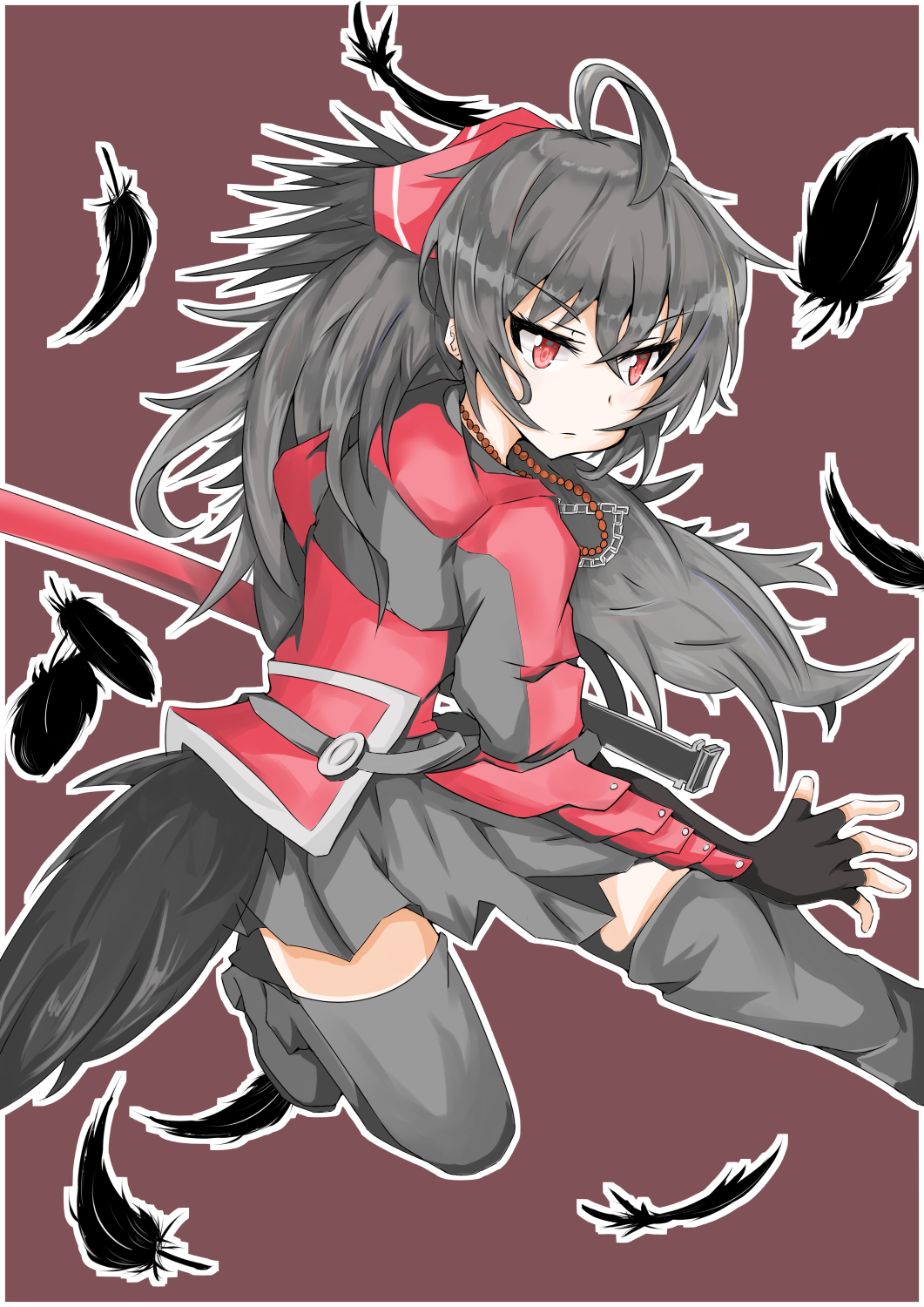 1girl, ahoge, bakuma, black_gloves, black_hair, breasts, fingerless_gloves, gloves