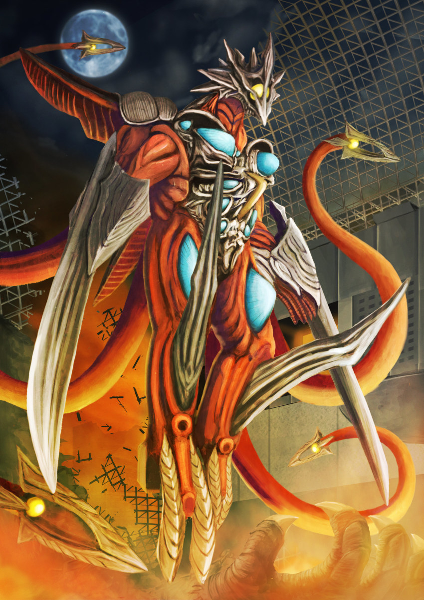 absurdres, arm_blade, battle, building, claws, cloud, daiei_film, damage, destruction, epic, fire, floating, flying, full_moon, gamera, gamera_(series), gamera_3:_revenge_of_iris, highres, hooves, iris_(gamera), japan, kaiju, kyoto, kyoto_station, levitation, moon, night, real_world_location, tentacles, train_station, weapon, yamakazema