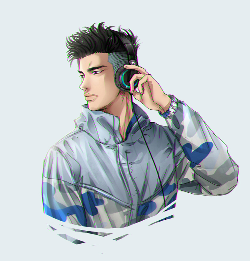 1boy, adjusting_headphones, black_eyes, black_hair, closed_mouth, cropped_torso, fukuda_kicchou, grey_background