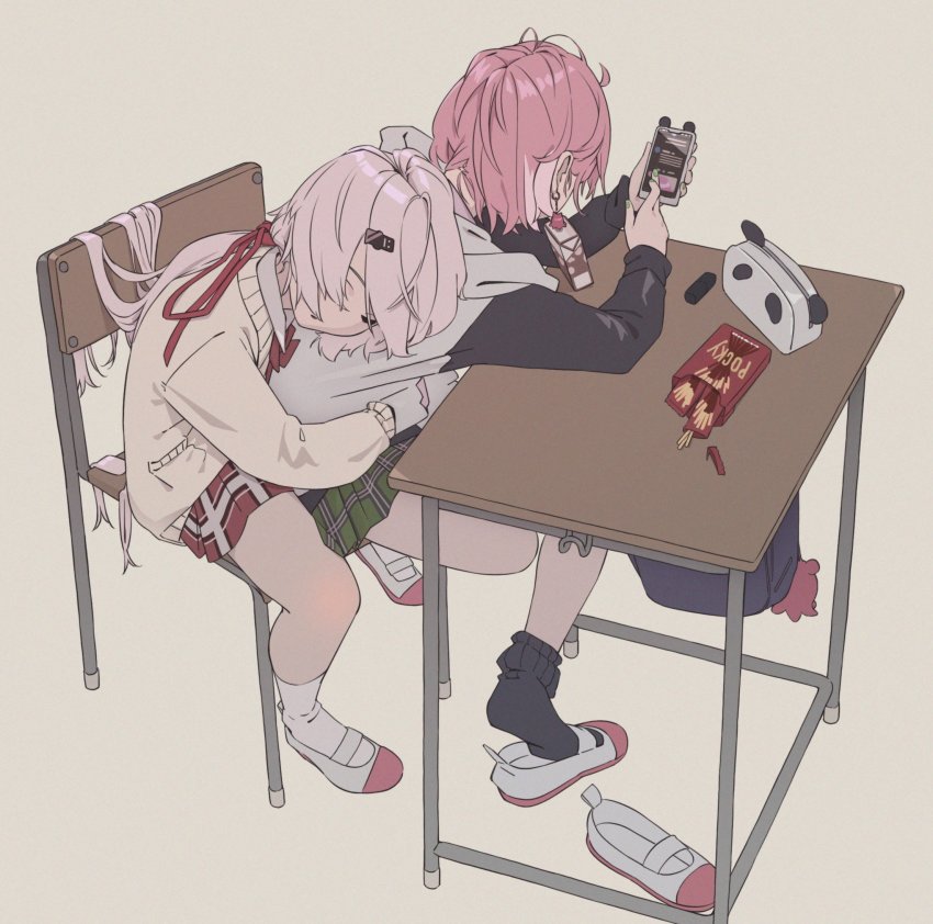 2girls, backpack, bag, black_legwear, bow, box, brown_cardigan, cardigan
