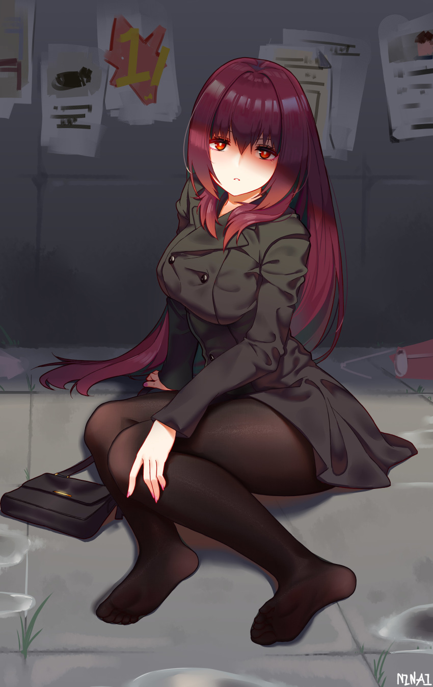1girl, absurdres, bag, black_jacket, black_pantyhose, breasts, buttons, fate/grand_order, fate_(series), feet, handbag, heroic_spirit_traveling_outfit, highres, jacket, large_breasts, legs, long_hair, long_sleeves, looking_at_viewer, ninai, no_shoes, pantyhose, parted_lips, purple_hair, red_eyes, scathach_(fate), scathach_(traveling_outfit)_(fate), shaded_face, sitting, soles, toes