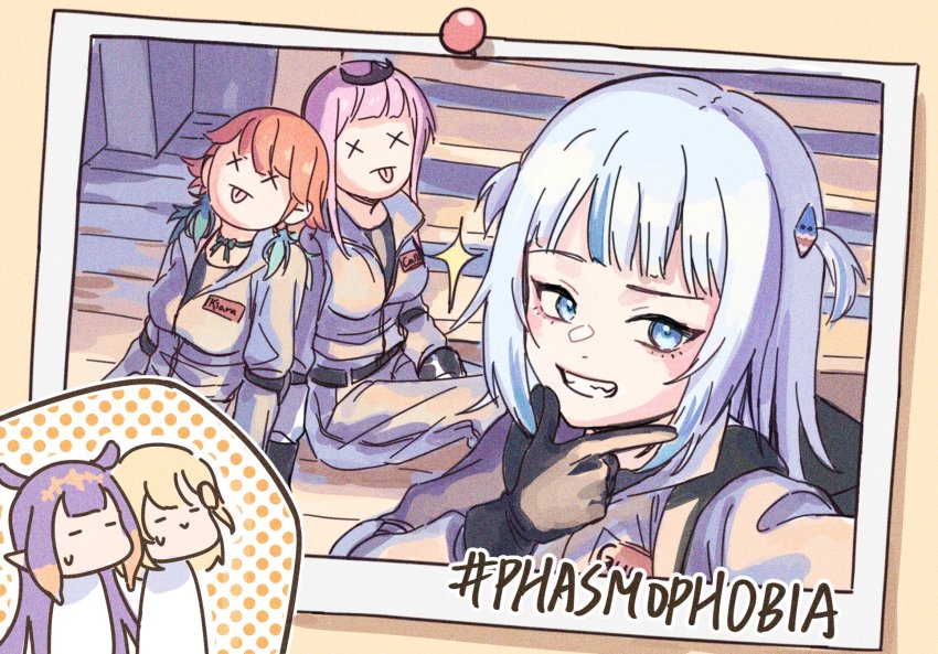 5girls, :d, animal_ears, black_gloves, blonde_hair, blue_eyes, blue_hair, blush, bow, bowtie, chibi, chibi_inset, closed_eyes, commentary, crown, death, english_commentary, finger_to_own_chin, gameplay_mechanics, gawr_gura, gloves, grin, hair_ornament, hashtag, highres, hololive, hololive_english, holomyth, leaning_on_person, light_blue_hair, long_hair, looking_at_viewer, mori_calliope, multicolored_hair, multiple_girls, name_tag, ninomae_ina'nis, open_mouth, orange_hair, phasmophobia_(game), photo_(object), pin, pink_hair, pointy_ears, purple_hair, raised_eyebrow, ryuko_lee, selfie, shark_hair_ornament, short_hair, sitting, smile, sparkle, stairs, takanashi_kiara, tongue, tongue_out, uniform, virtual_youtuber, watson_amelia, x_x