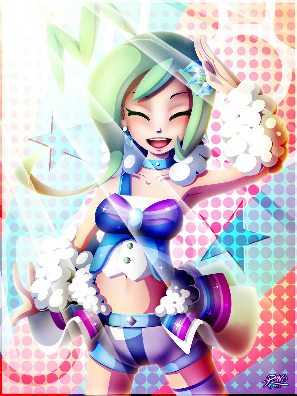 1girl, aqua_eyes, aqua_hair, armpits, artist_name, asymmetrical_hair, bare_shoulders, blue_choker, child, choker, closed_eyes, collarbone, crop_top, earrings, female_focus, gen_6_pokemon, happy, highres, idol, jewelry, legs, lisia_(pokemon), long_hair, midriff, miniskirt, multicolored_background, navel, neck, nintendo, open_mouth, pokemon, pokemon_omega_ruby_and_alpha_sapphire, ponytail, r-no71, ribbon, salute, short_shorts, shorts, skirt, sleeveless, standing, star_(symbol), striped_legwear, thighs, tiara