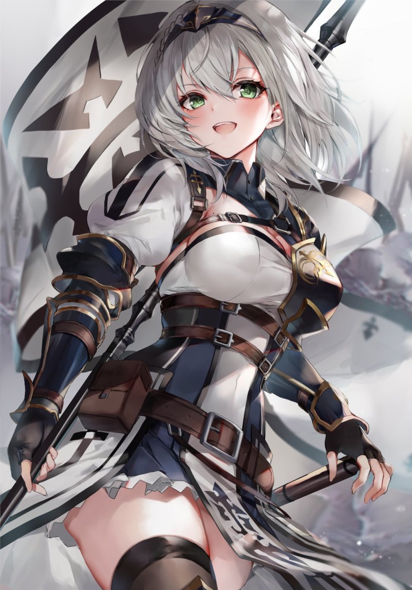 1girl, armor, asymmetrical_armor, banner, belt, belt_pouch, black_gloves, blurry