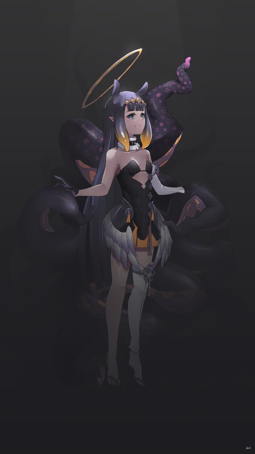 1girl, absurdres, animal_ears, bare_shoulders, black_background, black_gloves, blue_eyes, blunt_bangs, blunt_ends, breasts, choker, cleavage, cleavage_cutout, closed_mouth, clothing_cutout, collarbone, dark, detached_sleeves, diamond_hairband, flower_knot, full_body, fur-trimmed_choker, fur_trim, gloves, halo, hands_on_own_tentacles, highres, hippopotamus_ears, hololive, hololive_english, light_smile, long_hair, looking_at_viewer, low_wings, mole, mole_under_eye, ninomae_ina'nis, ninomae_ina'nis_(1st_costume), orange_skirt, pointy_ears, purple_eyes, purple_hair, sandals, sidelocks, single_detached_sleeve, single_thighhigh, skirt, small_breasts, solo, tabi, tassel, tentacle_hair, tentacles, thighhighs, tiptoes, very_long_hair, virtual_youtuber, white_sleeves, white_thighhighs, white_wings, wings, zaniaii