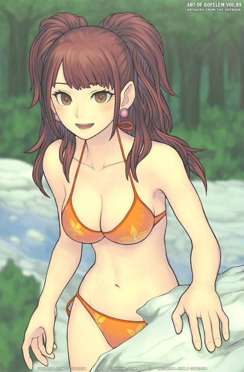 1girl, bikini, brown_eyes, earrings, gofelem, highres, jewelry, kujikawa_rise, looking_at_viewer, navel, open_mouth, persona, persona_4, red_hair, solo, swimsuit, third-party_edit, twintails