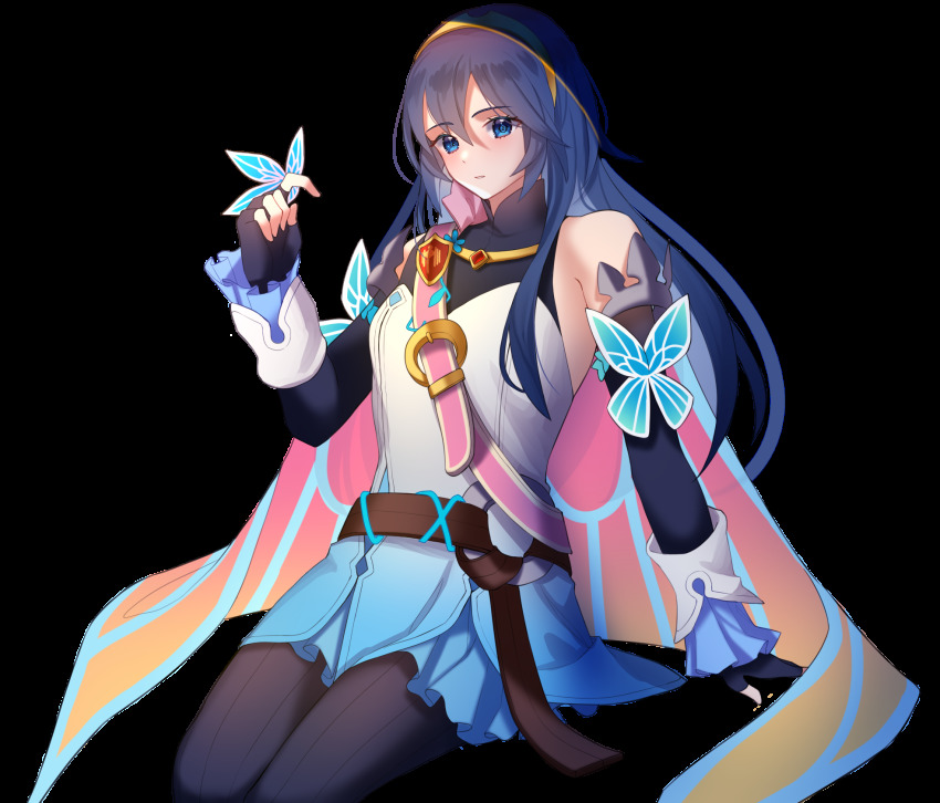 1girl, arcelle, bare_shoulders, belt, blue_bodysuit, blue_eyes, blue_hair, bodysuit