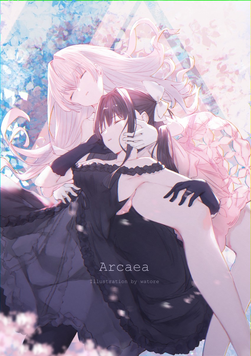 2girls, absurdres, arcaea, artist_name, bad_id, bad_pixiv_id, bare_shoulders, black_dress
