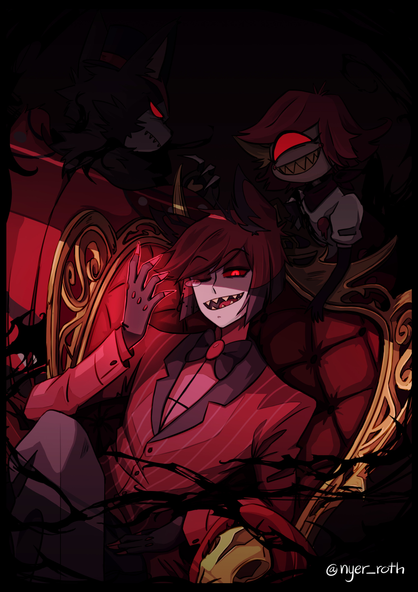 1girl, 2boys, absurdres, alastor_(hazbin_hotel), back, cat, chair, cyclops, demon, demon_boy, demon_girl, formal_clothes, hazbin_hotel, hellaverse, highres, husk_(hazbin_hotel), looking_at_viewer, multiple_boys, niffty, niffty_(hazbin_hotel), nyer_roth, one-eyed, red_eyes, ribbon, scarf, sharp_teeth, short_hair, sitting, suit, teeth