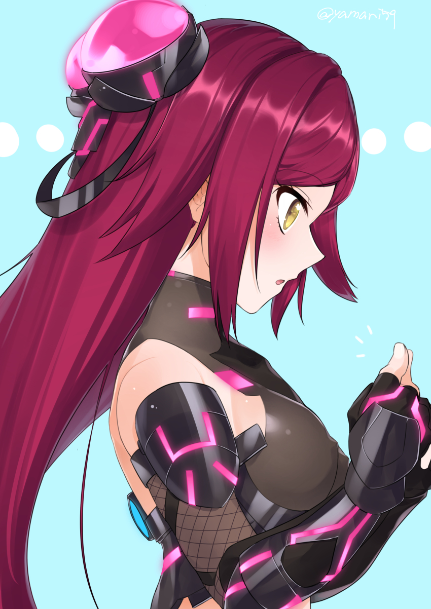 1girl, absurdres, action_taimanin, armor, bare_shoulders, bodysuit, breasts, elbow_gloves, fingerless_gloves, from_side, gauntlets, gloves, hair_ornament, highres, impossible_bodysuit, impossible_clothes, long_hair, mari_(rodoney-kiara), ninja, red_hair, shiny_clothes, skin_tight, small_breasts, solo, su_jinlei, taimanin_(series), taimanin_suit, upper_body, yellow_eyes