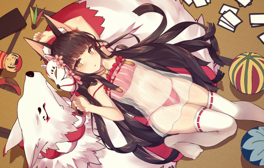 1girl, 1other, animal, animal_ear_fluff, animal_ears, arm_up, armpits, azur_lane, ball, black_hair, breasts, brown_eyes, brown_hair, camisole, card, cat_ears, child, comb, commentary_request, crop_top, doll, fox, fox_ears, green_eyes, highres, indoors, knee_up, knees_together_feet_apart, legs, lingerie, loli, lolikaku, long_hair, looking_at_viewer, lying, mask, mask_on_head, midriff, nagato_(azur_lane), nagato_(great_fox's_respite)_(azur_lane), navel, negligee, on_back, oversized_animal, panties, red_camisole, red_panties, small_breasts, strap_slip, tatami, thighhighs, thighs, underwear, underwear_only, veil, very_long_hair, white_thighhighs
