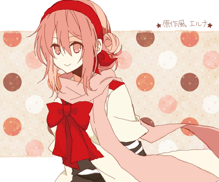 1girl, text_background, hair_bun, hairband, ichinomiya_eruna, mikagura_gakuen_kumikyoku, orange_hair, ra-muniku, ribbon, scarf, school_uniform, short_hair, single_hair_bun, solo, thighhighs, zettai_ryouiki