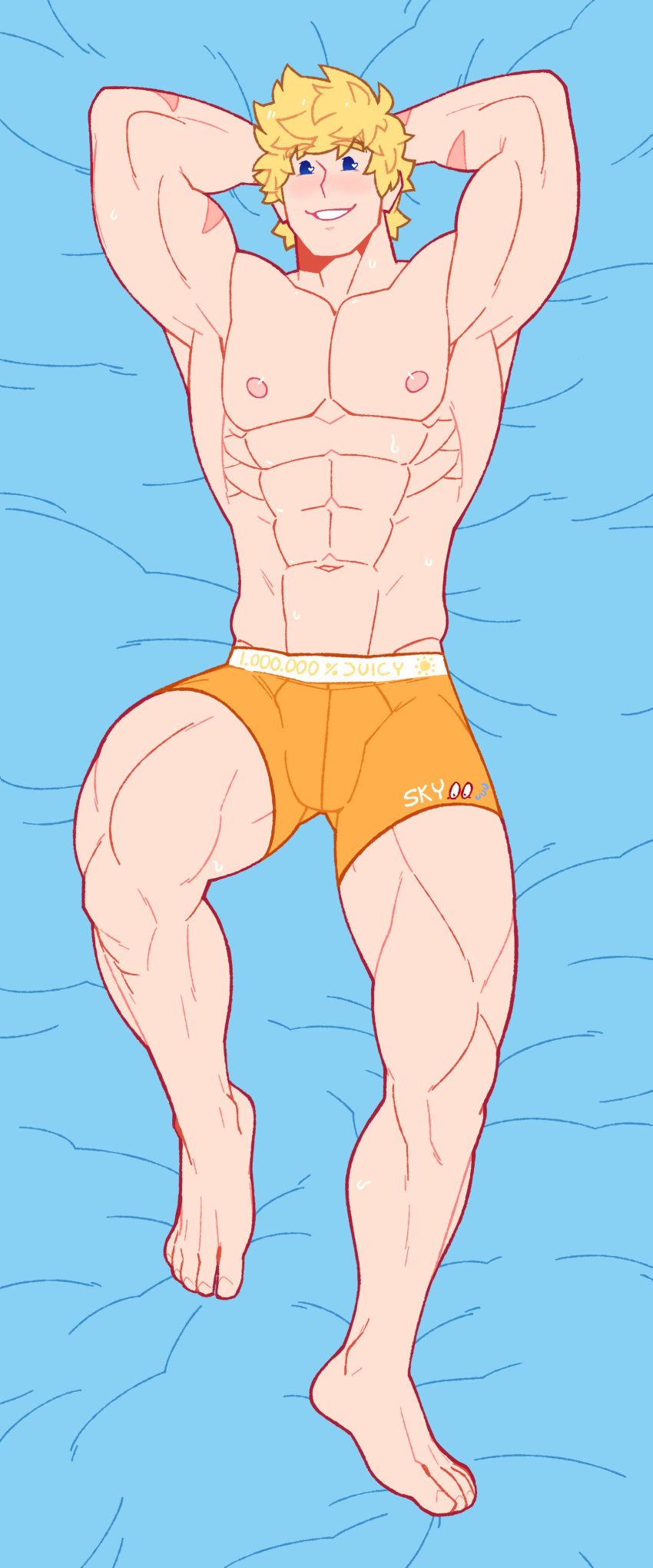 1boy, abs, absurdres, alternate_hairstyle, arms_behind_head, bara, blonde_hair, blue_eyes