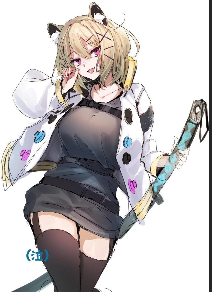 1girl, animal_ear_fluff, animal_ears, arknights, black_nails, black_thighhighs, border, breasts, commentary_request, cowboy_shot, eyelashes, fang, female_focus, grey_shirt, hair_ornament, hairclip, happitan_no_kona, highres, jacket, katana, light_brown_hair, looking_at_viewer, looking_to_the_side, medium_breasts, nail_polish, open_clothes, open_jacket, open_mouth, outside_border, purple_eyes, scabbard, sheath, sheathed, shirt, short_hair, sideways_glance, simple_background, smile, solo, sword, thighhighs, thighs, utage_(arknights), weapon, white_background, white_jacket, x_hair_ornament