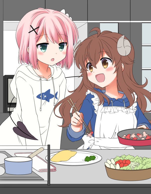 2girls, ahoge, apron, blush, brown_hair, chiyoda_momo, cooking, curled_horns