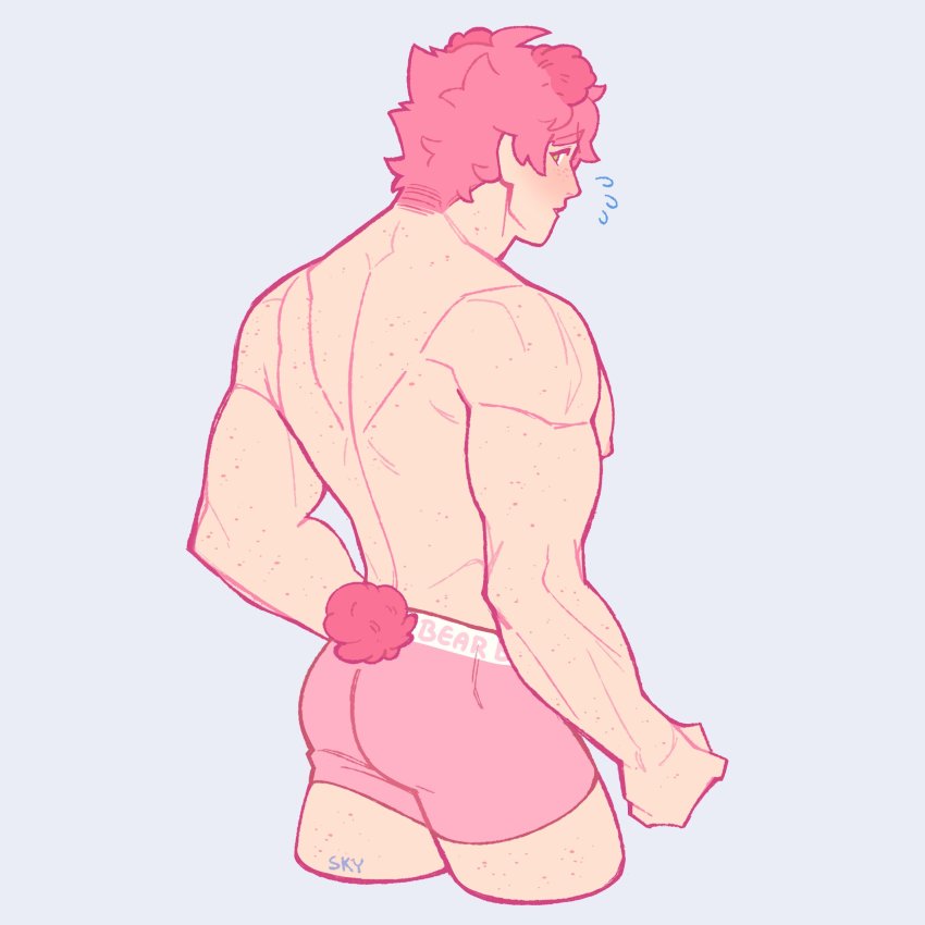 1boy, absurdres, animal_ears, ass, back, bara, bear_boy, bear_ears, bear_tail, blush, cropped_legs, feraltintinsimp, flying_sweatdrops, freckles, green_eyes, highres, looking_at_viewer, looking_back, male_focus, male_underwear, milo_(pokemon), nintendo, nipples, pink_hair, pink_male_underwear, pokemon, pokemon_sword_and_shield, solo, tail, thick_thighs, thighs, topless_male, underwear, underwear_only