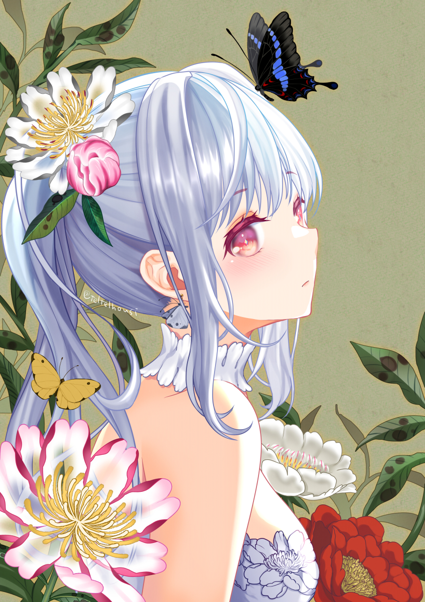 1girl, absurdres, animal, bare_shoulders, blush, breasts, bug, butterfly, chinese_peony, closed_mouth, commentary, dress, earrings, flower, green_background, hair_flower, hair_ornament, highres, huge_filesize, insect, jewelry, long_hair, looking_at_viewer, looking_back, medium_breasts, original, pink_flower, ponytail, profile, red_eyes, red_flower, sidelocks, silver_hair, solo, strapless, strapless_dress, teltelhousi, twitter_username, white_dress, white_flower