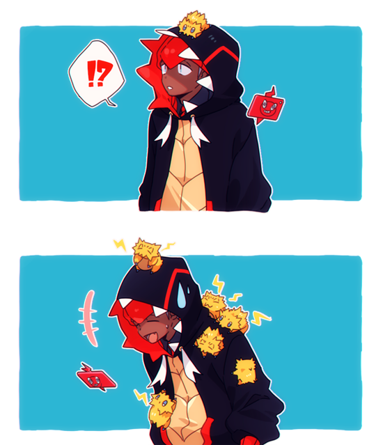 !?, 1boy, black_hoodie, closed_eyes, commentary_request, dark-skinned_male, dark_skin, gen_4_pokemon