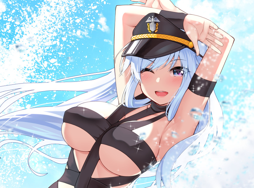1girl, ;d, absurdres, alternate_costume, arm_strap, armpits, arms_up, azur_lane