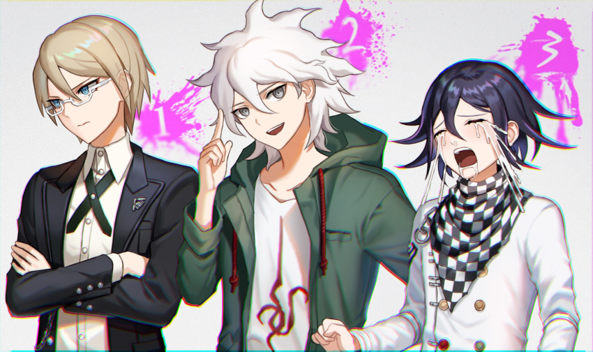 3boys, answer_(l_c123), bad_id, bad_twitter_id, black_jacket, blonde_hair, blue_eyes, checkered_clothes, checkered_neckwear, checkered_scarf, collarbone, collared_shirt, commentary_request, crossed_arms, crying, danganronpa:_trigger_happy_havoc, danganronpa_(series), danganronpa_2:_goodbye_despair, danganronpa_v3:_killing_harmony, dress_shirt, flipped_hair, glasses, green_jacket, hair_between_eyes, hand_up, hood, hood_down, jacket, komaeda_nagito, looking_at_viewer, male_focus, messy_hair, multiple_boys, open_clothes, open_jacket, open_mouth, oma_kokichi, purple_hair, saliva, scarf, shirt, short_hair, straitjacket, tears, teeth, togami_byakuya, trait_connection, upper_body, upper_teeth_only, white-framed_eyewear, white_hair, white_jacket, white_shirt