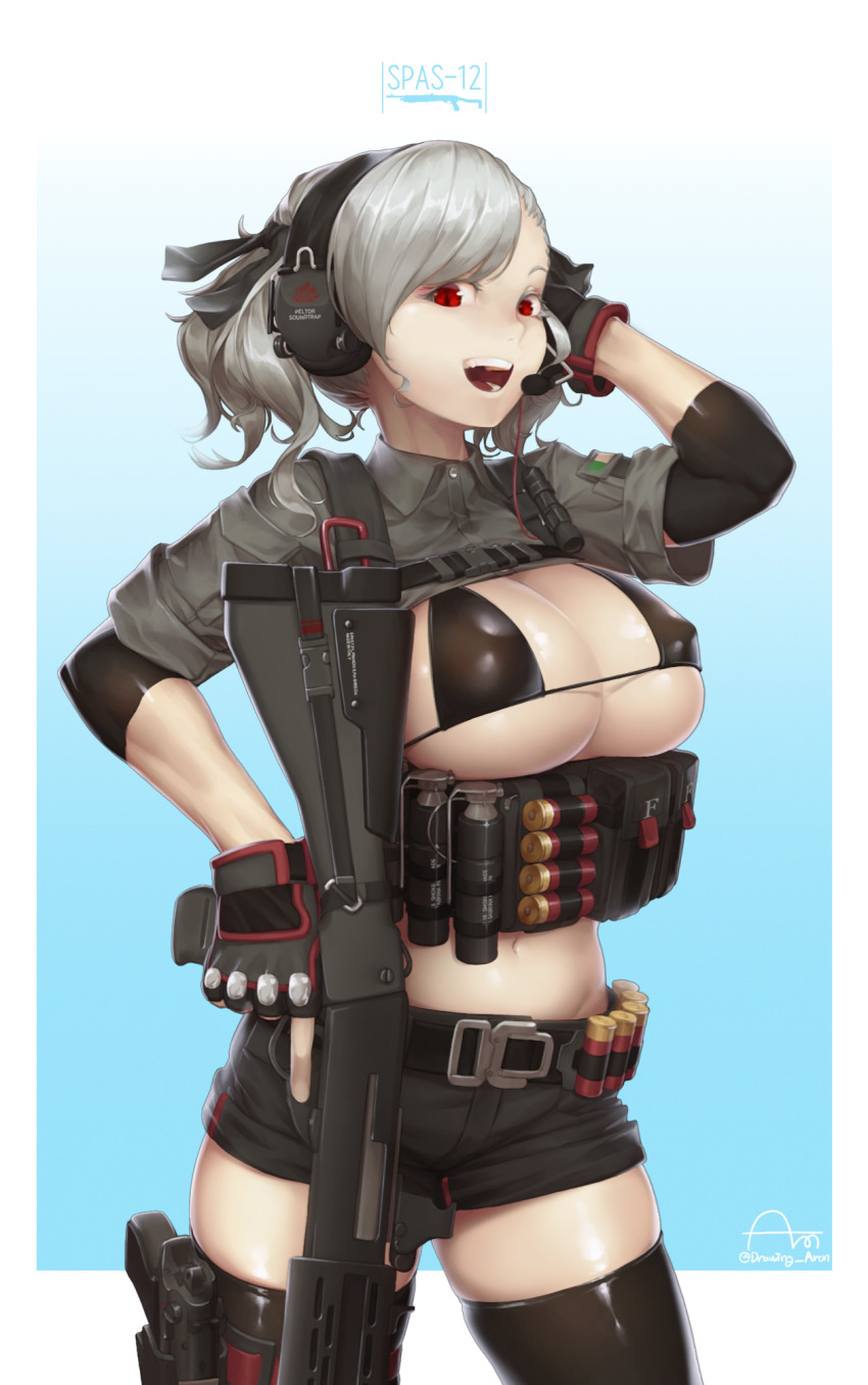 12-gauge, 12-gauge_(2_3/4_inch_shell), 1girl, :d, alternate_costume, ammunition, aronman, bikini