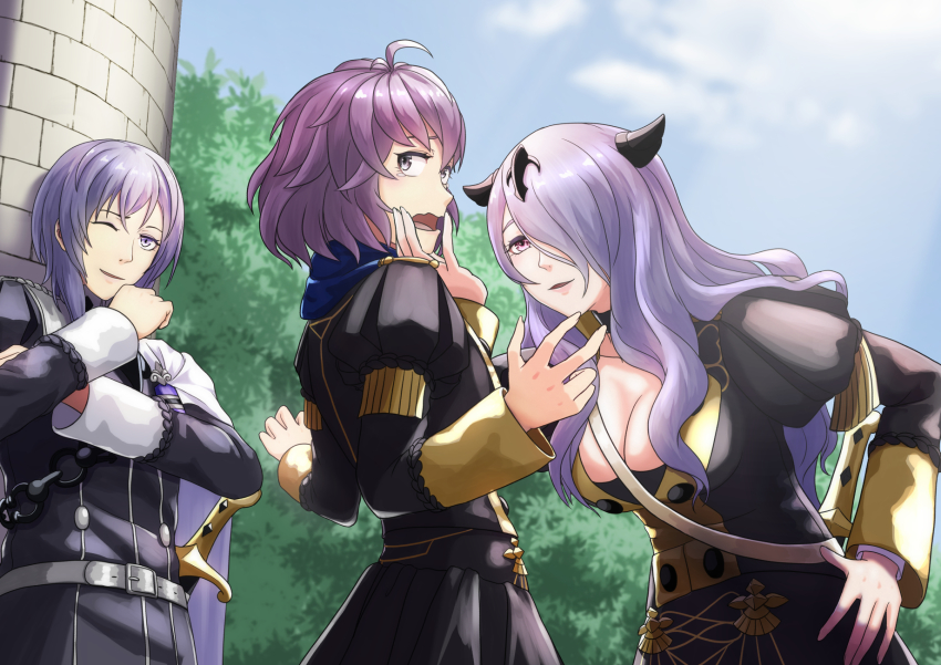 1boy, 2girls, ahoge, belt, belt_buckle, bernadetta_von_varley, breasts, buckle