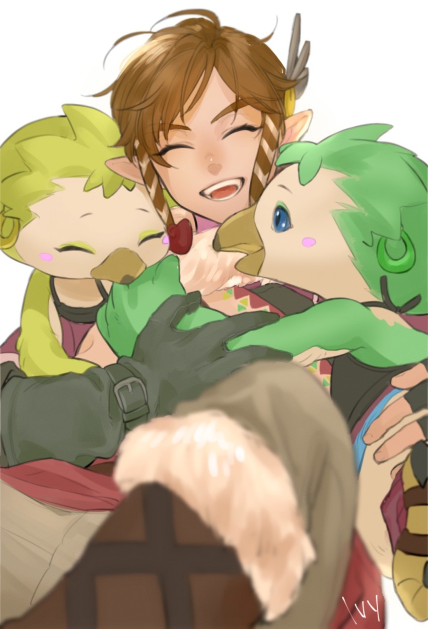 1boy, 2girls, artist_name, bad_id, bad_pixiv_id, bird_girl, black_gloves, blue_eyes