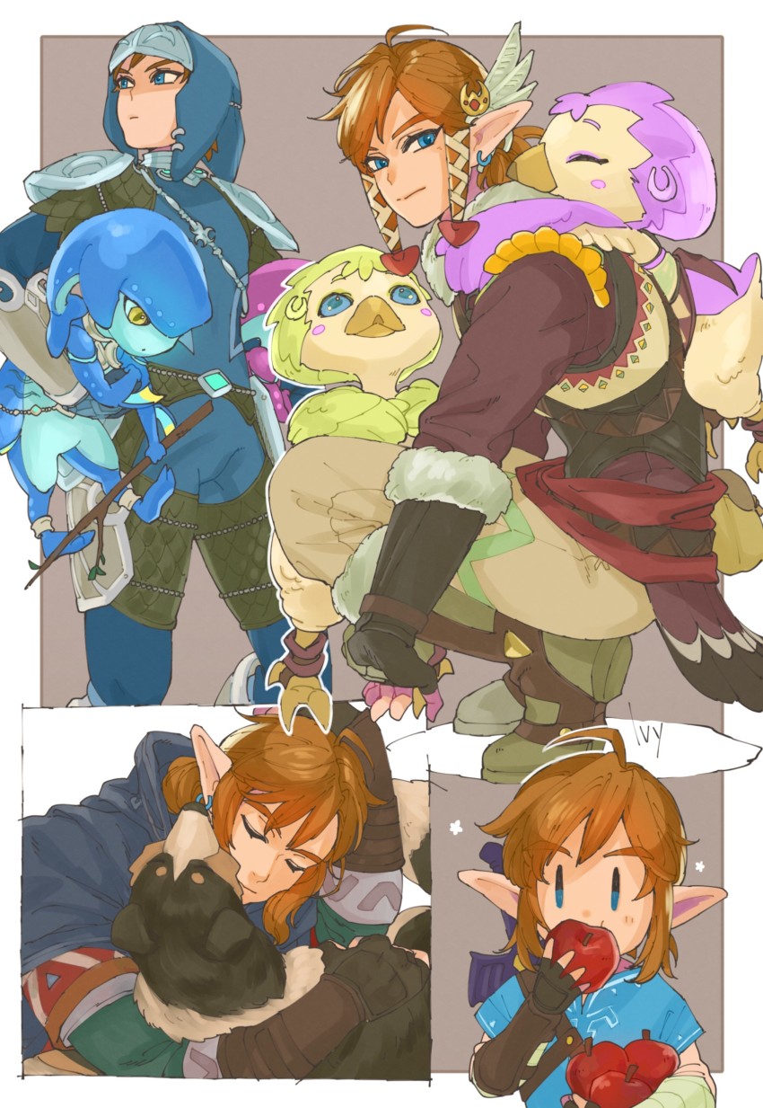 2boys, 2girls, absurdres, ahoge, animal, apple, bad_id, bad_pixiv_id