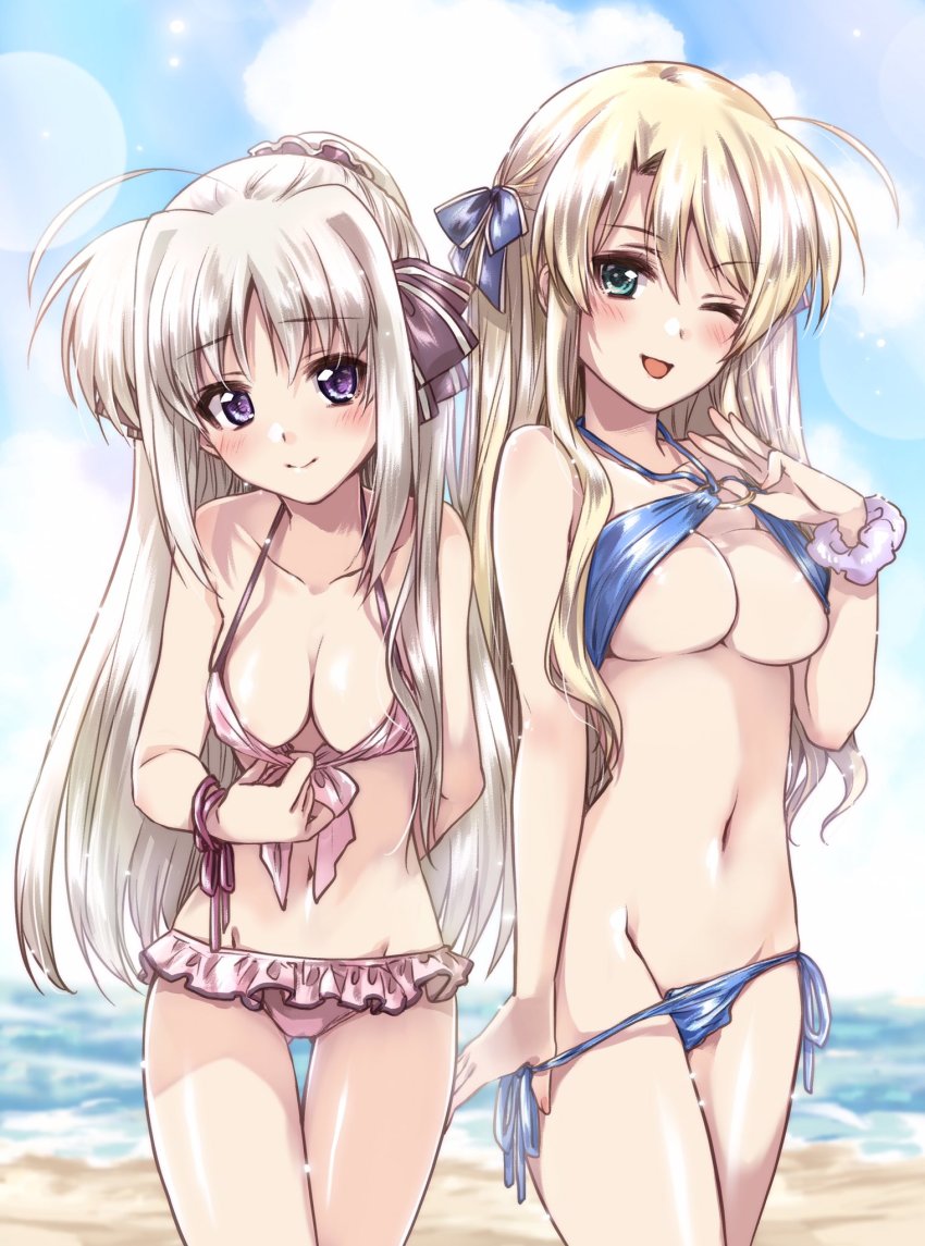 2girls, aqua_eyes, beach, bikini, bikini_pull, bikini_top_lift, black_ribbon, black_scrunchie, blonde_hair, blue_bikini, blue_ribbon, blue_scrunchie, blue_sky, blurry, blurry_background, blush, breasts, cleavage, closed_mouth, clothes_lift, clothes_pull, cloud, cloudy_sky, commentary_request, day, depth_of_field, frilled_bikini, frills, gluteal_fold, groin, hair_ornament, hair_ribbon, hair_scrunchie, halterneck, highres, kuroi_mimei, lens_flare, light_particles, long_hair, looking_at_viewer, lyrical_nanoha, medium_breasts, multiple_girls, navel, o-ring, o-ring_bikini, ocean, one_eye_closed, outdoors, pink_ribbon, ponytail, purple_eyes, ribbon, rinne_berlinetta, scrunchie, side-tie_bikini_bottom, silver_hair, skindentation, sky, smile, standing, swimsuit, thigh_gap, viktoria_dahlgrun, vivid_strike!, wrist_ribbon, wrist_scrunchie