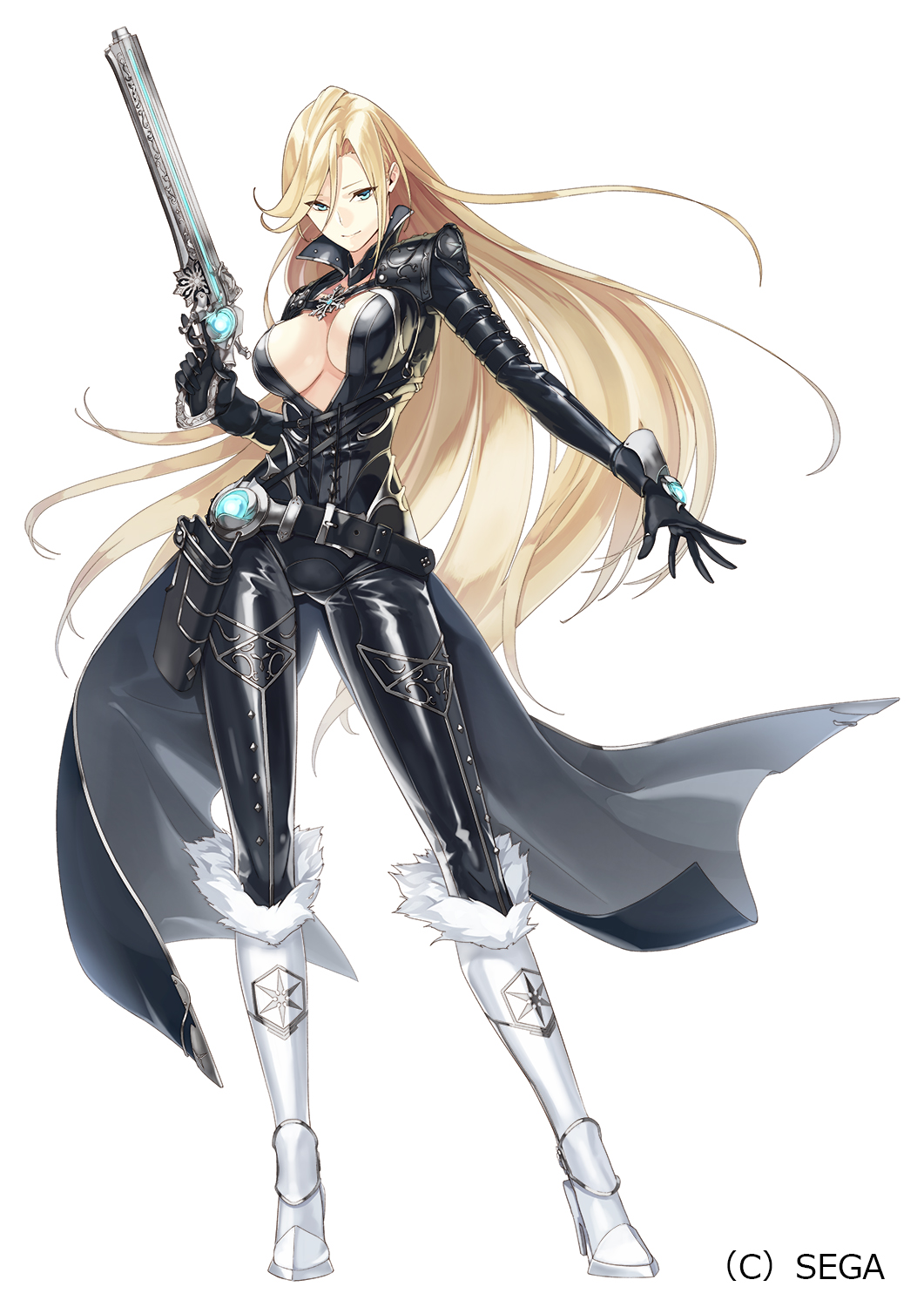 1girl, akamiso_(k074510), belt, black_bodysuit, black_gloves, blonde_hair, blue_eyes, bodysuit, boots, breasts, closed_mouth, contrapposto, full_body, gloves, gun, highres, holding, holding_gun, holding_weapon, holster, idola_phantasy_star_saga, knee_boots, large_breasts, legs_apart, long_hair, looking_at_viewer, official_art, phantasy_star, phantasy_star_online_2, popped_collar, shannon_(idola), simple_background, smile, solo, standing, weapon, white_background, white_boots