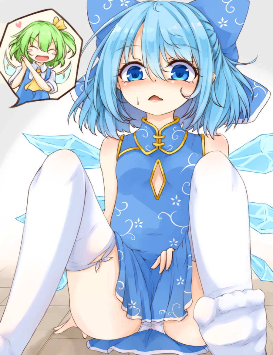 2girls, ascot, blue_bow, blue_dress, blue_eyes, blue_hair, blush_stickers, bow