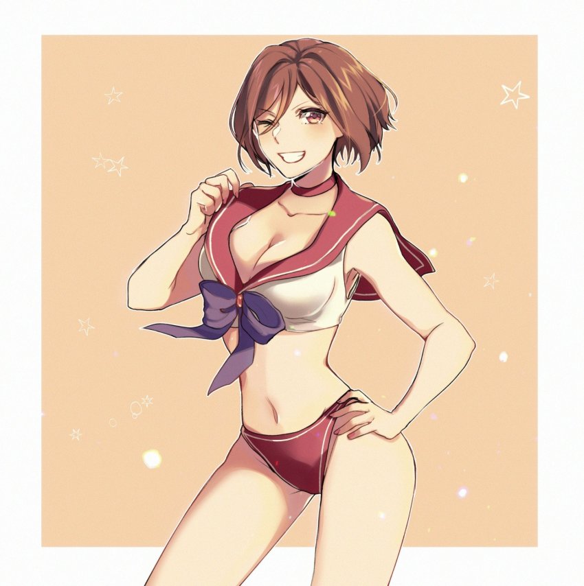 1girl, bishoujo_senshi_sailor_moon, blue_bow, bow, bra, breasts, brown_eyes, brown_hair, cleavage, collar, commentary, contrapposto, cosplay, cowboy_shot, grin, highres, large_breasts, lingerie, looking_at_viewer, meiko_(vocaloid), one_eye_closed, orange_background, panties, red_collar, red_panties, sailor_collar, sailor_mars, sailor_mars_(cosplay), short_hair, smile, solo, underwear, v-shaped_eyebrows, vocaloid, white_bra, yen-mi