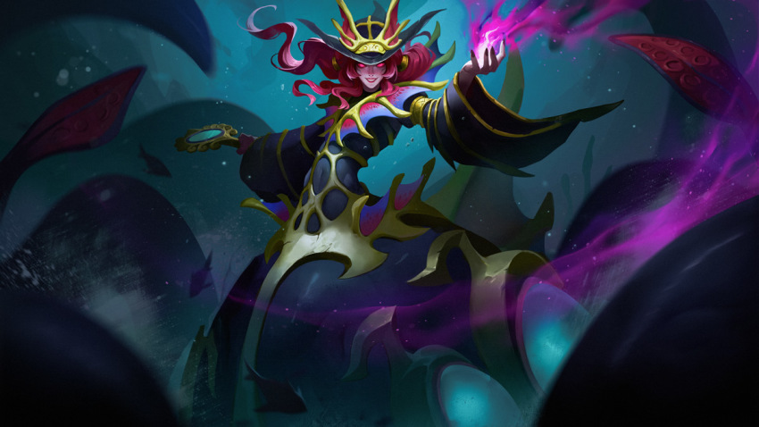 1girl, duel_monster, evigishki_gustkraken, fingernails, floating_hair, glowing, glowing_eyes, hand_up