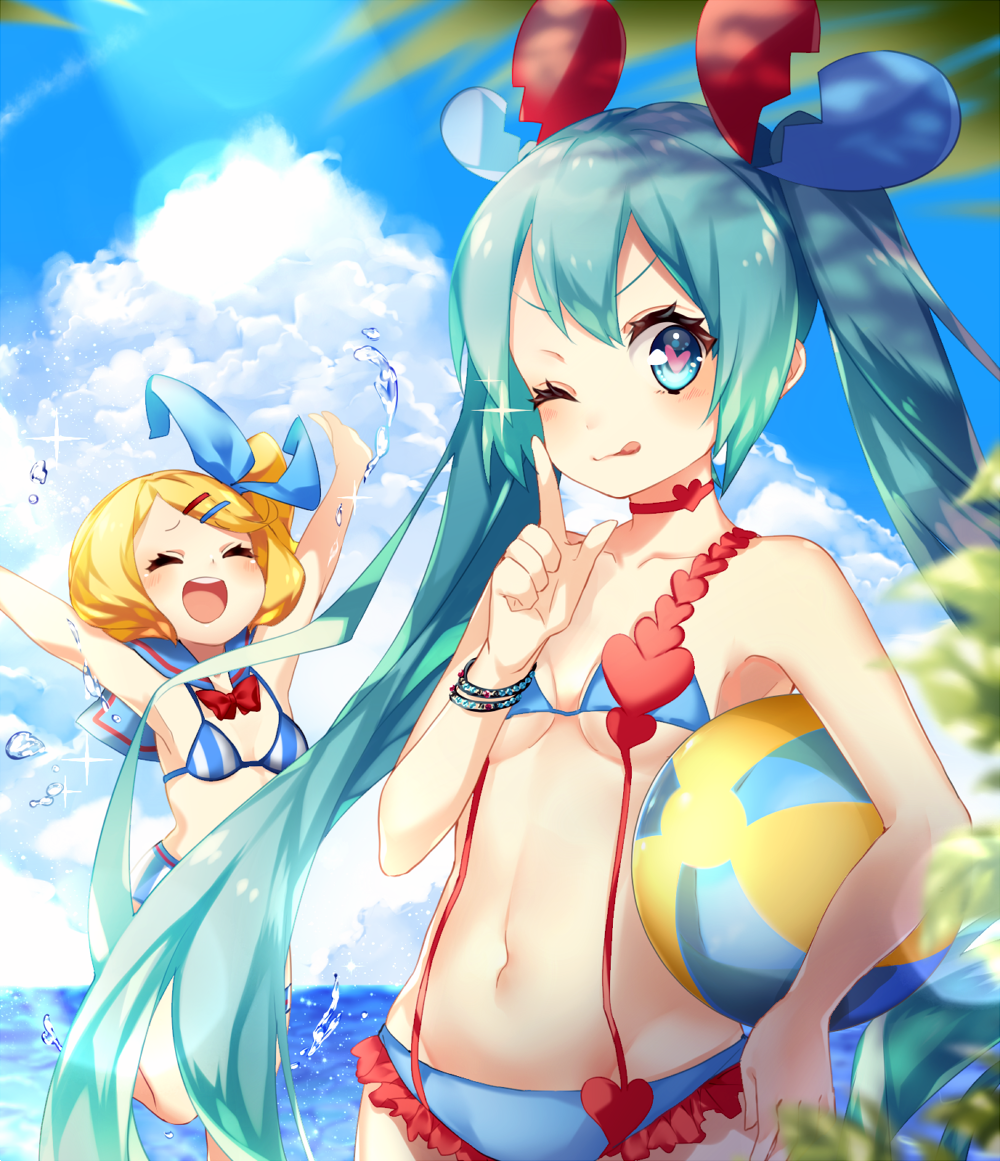 2girls, ;p, aqua_eyes, aqua_hair, arms_up, ball, beach, beachball