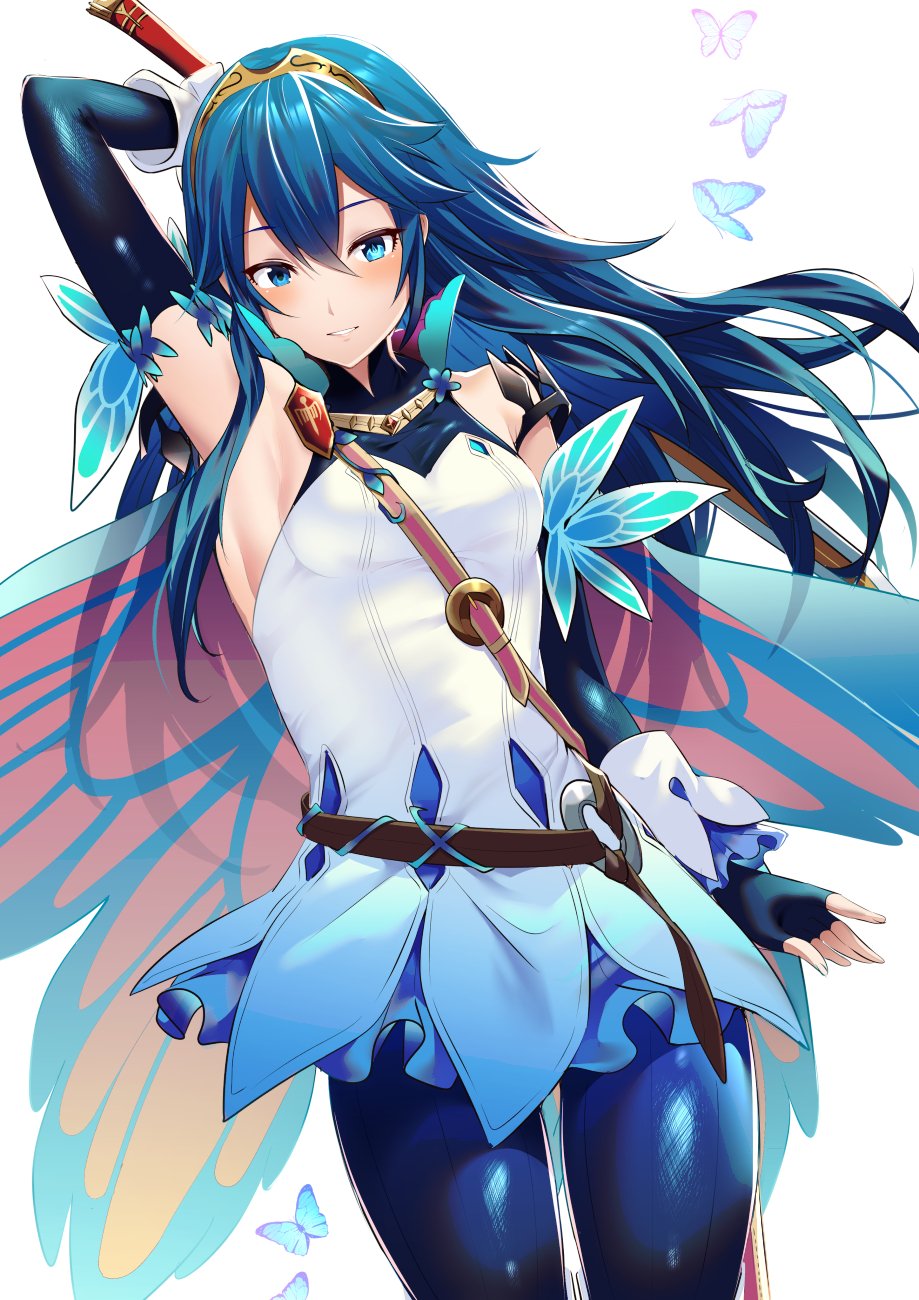 1girl, alternate_costume, ameno_(a_meno0), arm_up, armpits, bad_id, bad_twitter_id, bare_shoulders, blue_butterfly, blue_eyes, blue_gloves, blue_pantyhose, bug, butterfly, butterfly_wings, dress, elbow_gloves, fingerless_gloves, fire_emblem, fire_emblem_heroes, gloves, hair_between_eyes, highres, holding, holding_sword, holding_weapon, insect, insect_wings, long_hair, lucina_(fire_emblem), lucina_(resplendent)_(fire_emblem), nintendo, pantyhose, parted_lips, solo, standing, strap, sword, symbol-shaped_pupils, tiara, weapon, white_background, white_dress, wings