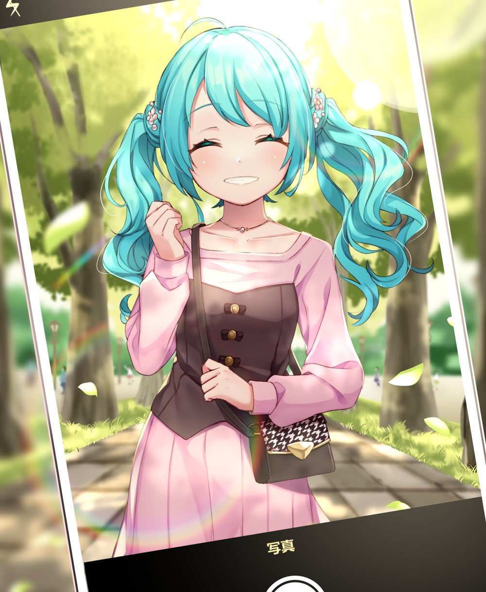 1girl, alternate_hair_length, alternate_hairstyle, aqua_hair, bag, cellphone, commentary, cowboy_shot