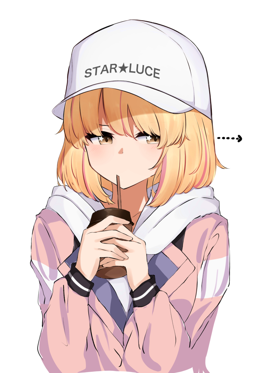 1girl, arrow_(symbol), baseball_cap, blonde_hair, chieru_(princess_connect!), chieru_(real)_(princess_connect!), cup, disposable_cup, drinking_straw, hat, highres, hood, hoodie, looking_to_the_side, narusan_beam2, pink_hoodie, princess_connect!, short_hair, simple_background, solo, star_(symbol), star_in_eye, symbol_in_eye, upper_body, white_background, white_hat, yellow_eyes