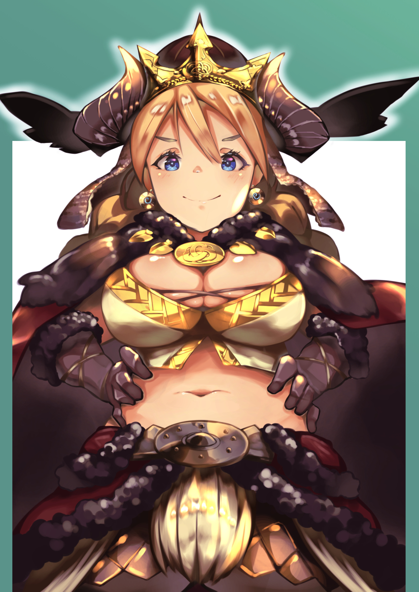 1girl, absurdres, armor, black_fur, black_gloves, blonde_hair, blue_eyes, blush, braid, breasts, cape, chainmail, cleavage, crown, driftingtiger, earrings, enrica_(sekaiju), etrian_odyssey, fake_horns, from_below, fur-trimmed_cape, fur-trimmed_gloves, fur_trim, gloves, hair_between_eyes, hands_on_own_hips, head_wings, highres, horned_headwear, horns, jewelry, large_breasts, long_hair, looking_at_viewer, looking_down, navel, red_cape, sekaiju_no_meikyuu, sekaiju_no_meikyuu_x, shiny_clothes, shiny_skin, smile, solo, stomach, twin_braids, veil, winged_hat, wings