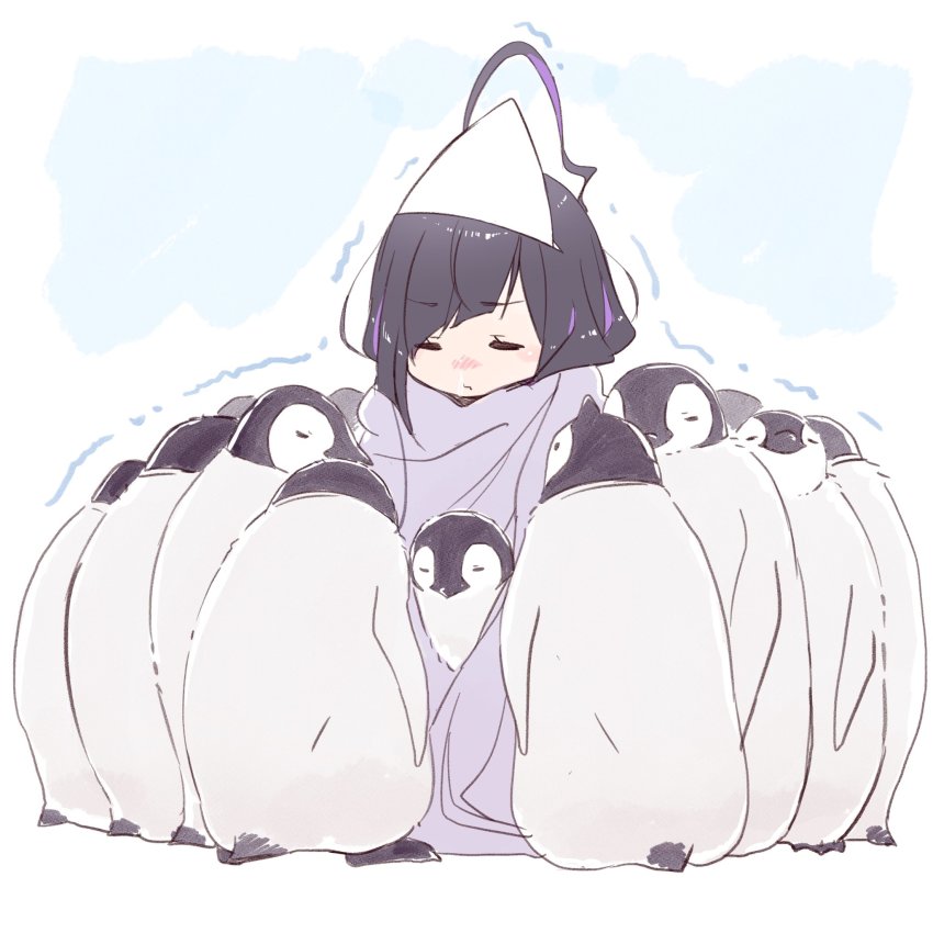 1girl, ahoge, animal, baby_animal, bird, black_hair, blanket, blush