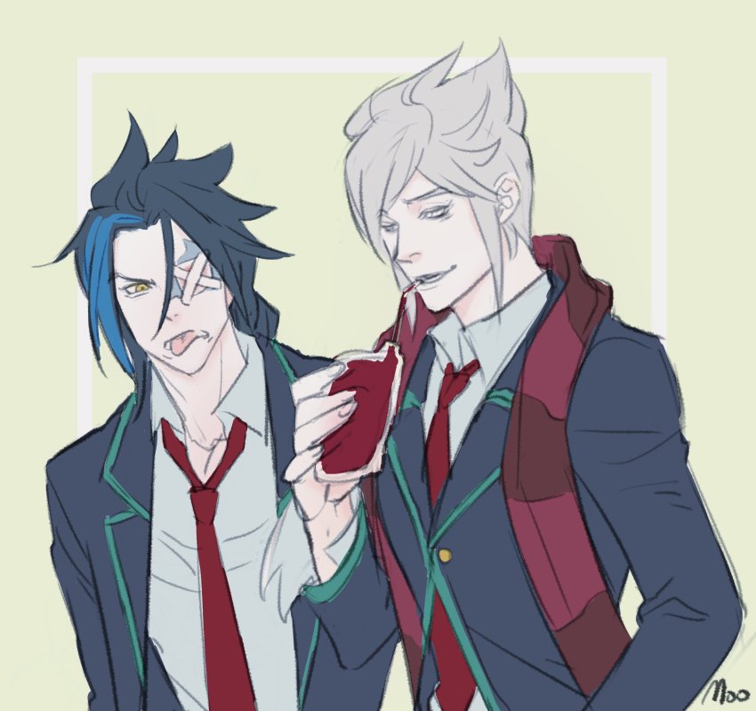 2boys, academy_vladimir, alternate_costume, bad_id, bad_twitter_id, bag, black_hair, blood, blood_bag, blue_hair, disgust, drinking, drinking_straw, eyepatch, fingernails, grey_hair, highres, holding, holding_bag, kayn_(league_of_legends), league_of_legends, long_hair, looking_at_another, lower_teeth_only, male_focus, moo5525, multicolored_hair, multiple_boys, necktie, parted_lips, red_neckwear, red_scarf, scarf, school_uniform, signature, sketch, smile, striped_clothes, striped_scarf, teeth, tongue, tongue_out, upper_body, vladimir_(league_of_legends), white_eyes, yellow_eyes