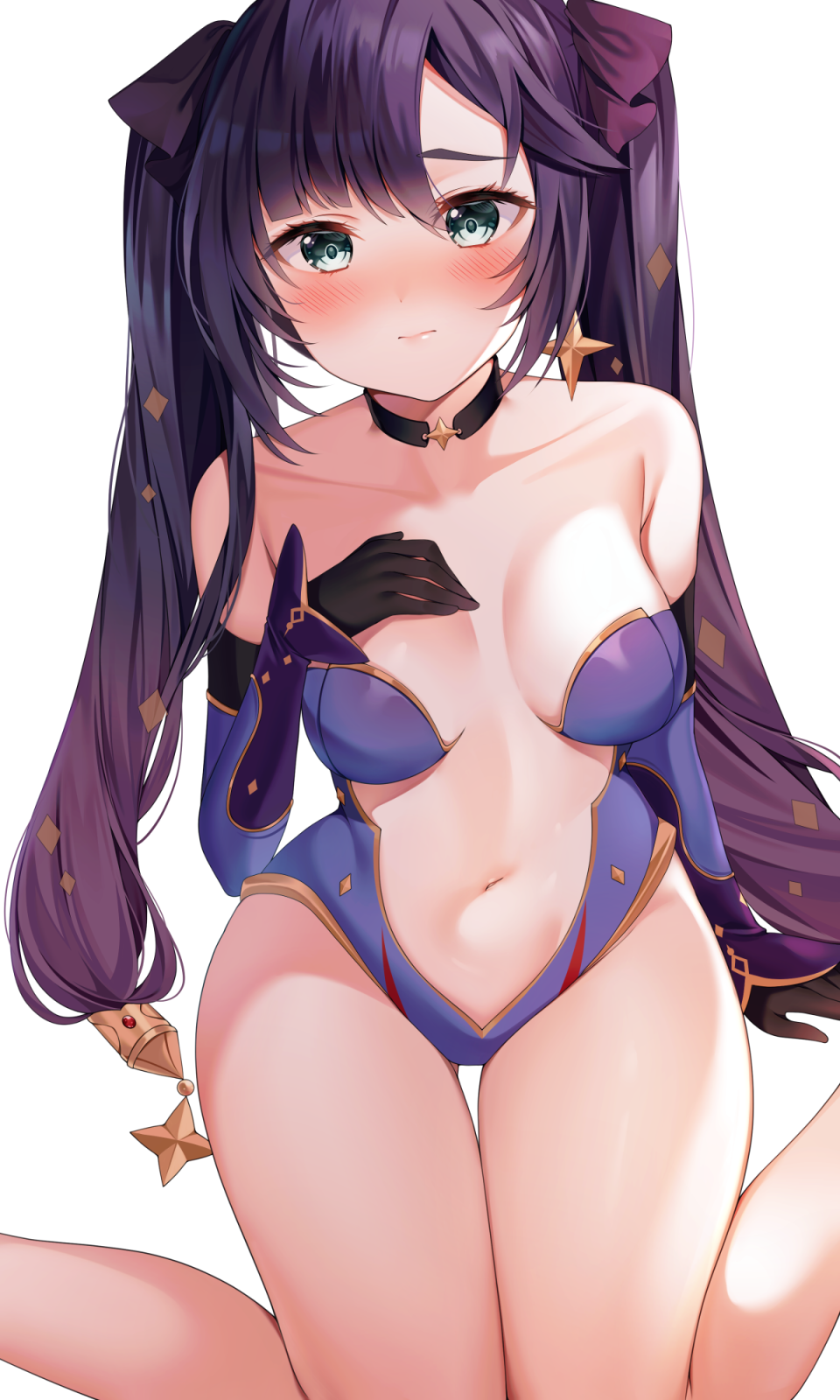 1girl, bare_legs, bare_shoulders, black_gloves, blush, breasts, choker, closed_mouth, collarbone, commentary_request, detached_sleeves, earrings, eyelashes, genshin_impact, gloves, gluteal_fold, green_eyes, hair_between_eyes, hair_ornament, hair_ribbon, hand_on_own_chest, hand_up, highres, jewelry, long_hair, looking_at_viewer, medium_breasts, mona_(genshin_impact), navel, purple_ribbon, reel_(riru), revealing_clothes, ribbon, simple_background, sitting, solo, star_(symbol), star_earrings, thigh_gap, thighs, twintails, white_background