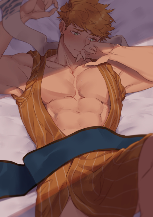 1boy, abs, bara, bare_arms, bare_pectorals, bare_shoulders, blonde_hair, blush