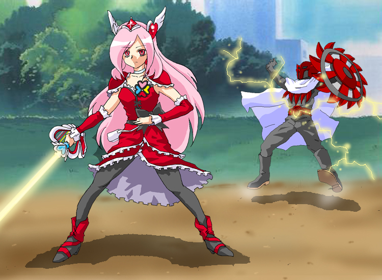 1boy, 1girl, apollo_geist, bow, choker, crossover, cure_passion, energy_sword, fresh_precure!, hair_ornament, heart, heart_hair_ornament, higashi_setsuna, kamen_rider, kamen_rider_black_rx_(series), kamen_rider_dcd, kamen_rider_x_(series), kou-oboro, lightsaber, magical_girl, pantyhose, parody, precure, shield, sword, waist_bow, weapon, white_choker