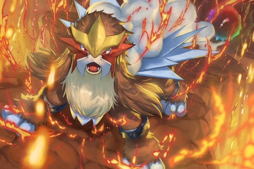brown_fur, commentary_request, entei, fangs, fire, gen_2_pokemon, highres, legendary_pokemon